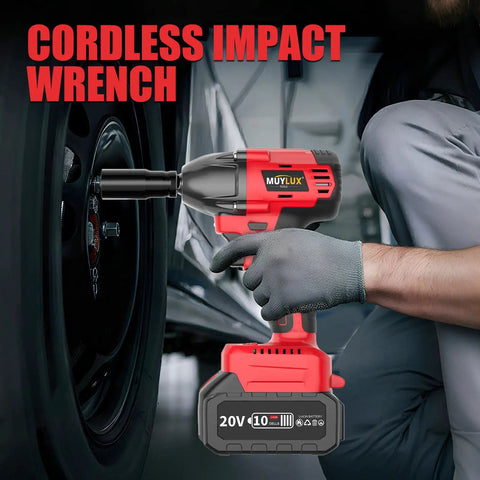 Heavy Duty Cordless Impact Wrench One Half Inch Brushless Motor Handles Rusted Bolts No Sweat Generates 320 Ft Lbs Torque With Dual 4 Ah Batteries And Quick Charger For Auto And Diy Upgrades in action on a car tire.