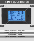 Portable Digital Multimeter For DC 8 To 100V And 20A Power And Energy Meter With LCD Display showing voltage, current, power, and energy