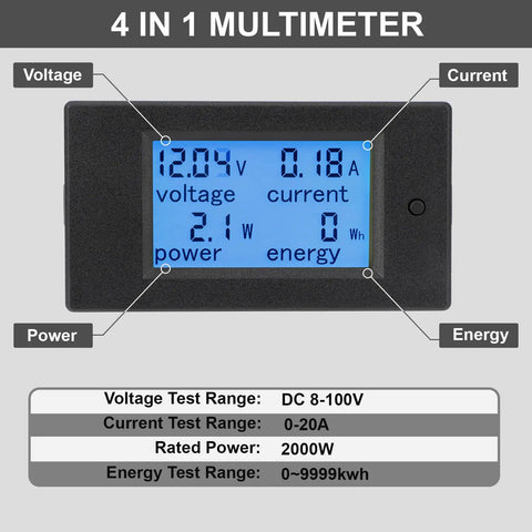 Portable Digital Multimeter For DC 8 To 100V And 20A Power And Energy Meter With LCD Display showing voltage, current, power, and energy