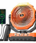 Orange Three In One Camping Fan With Detachable Battery Built In Led Light And Hook Portable Usb Table Fan Charging Phone