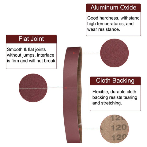 Heavy Duty Sanding Belts 6X89 Inches One Twenty Grit Aluminum Oxide Abrasive Paper for Belt Sanders and Woodworking, showing flat joint design.