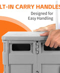 Close-up of Collapsible Rolling Utility Cart With Lid, showing built-in carry handles and telescoping handle for easy handling.