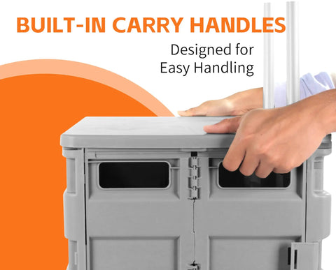 Close-up of Collapsible Rolling Utility Cart With Lid, showing built-in carry handles and telescoping handle for easy handling.