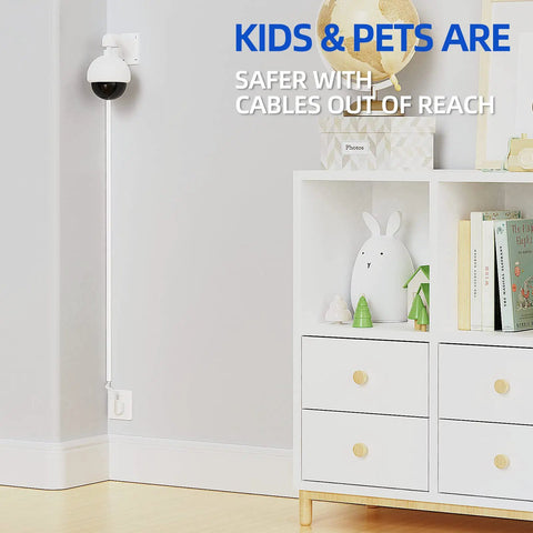 Room with 128 Inch Cord Hider For One Cord Self Adhesive Cable Wire Cover On Wall White Plug And Play Easy Install Concealer For Lamp And Speaker Cables Ultra Thin TV Cables No Drilling Keeps Wires Neat And Hidden, installed next to shelf.