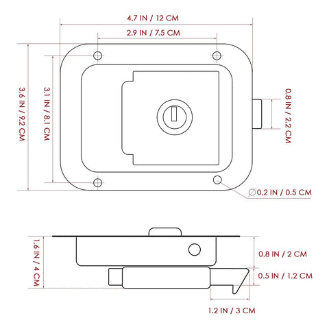 Technical diagram of a Heavy Duty Stainless Steel Paddle Lock With Key For RV Trailers And Doors Flush Mount Security Latch with dimensions.