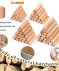 Wood Dowel Kit With Round Grooved Fluted Dowels And Drilling Jig, stacked hardwood dowels showing smooth grooved texture