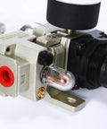 Close-up of Dual FRL Air Filter Regulator Lubricator Combo Shop Ready One Quarter Inch NPT With Pressure Gauge Semi Auto Drain Bracket
