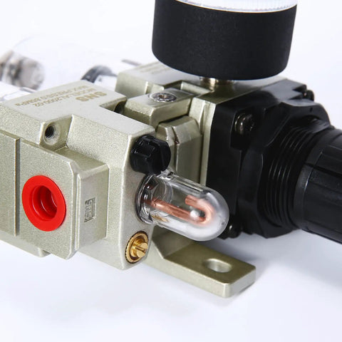 Close-up of Dual FRL Air Filter Regulator Lubricator Combo Shop Ready One Quarter Inch NPT With Pressure Gauge Semi Auto Drain Bracket