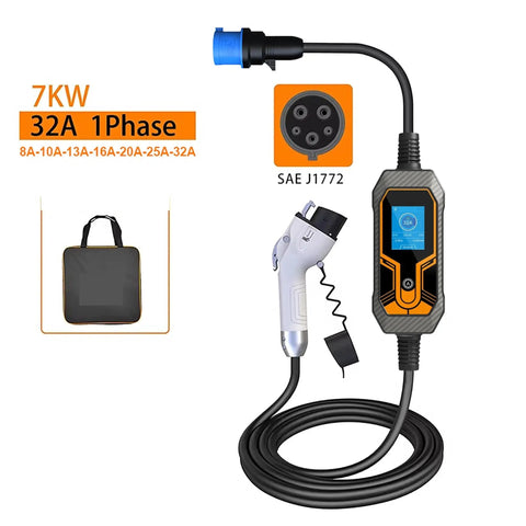Rock Solid Heavy Duty Portable Type 1 J1772 EV Charger With Five Meter Cord 7 Kilowatt 32 Amp Level 2 EVSE Power System