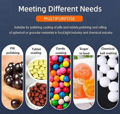 Image illustrating uses of Small Commercial Sugar Coating Machine And Chocolate Coater For Candy Polishing Sugar Ball Drying With Adjustable Speed No Fuss Operation Reliable Pro Build for pill polishing, candy coating, and sugar in food.