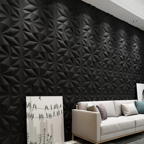 Black Diamond 3D Wall Panels Pack Of 12 Tiles 32 Sq Ft Dope Matte Black PVC Decor installed in modern living room with sofa