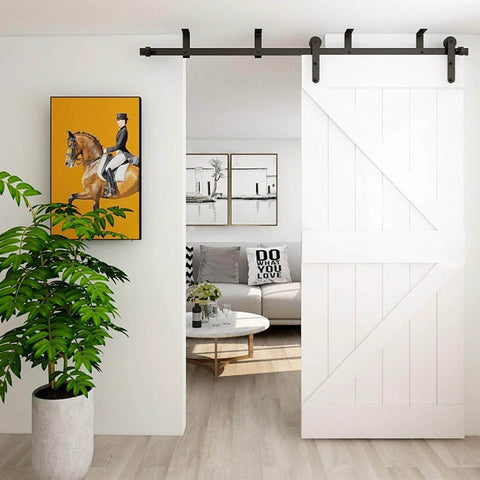 7ft Ceiling Mount Sliding Barn Door Hardware Kit For 42 Inch Wide Wooden Door installed with I Shape Hangers