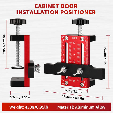 Top Shelf Adjustable Cabinet Door Positioning Jig, No Sweat Install Game Changer For Frameless Or Face Frame Cabinetry, Rock Solid Hinge Alignment Tool For Fast Weekend Reno Upgrades, showing dimensions and material.