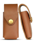 Front and side view of Tan Leather Multitool Holster For Suspension And Suspension NXT Belt Clip Pouch with brass button