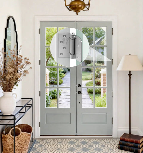 Tough As Nails 2 Pack 4 Inch Self Closing Door Hinges Square Shape With Rounded Edge Profiles shown on stylish double doors.