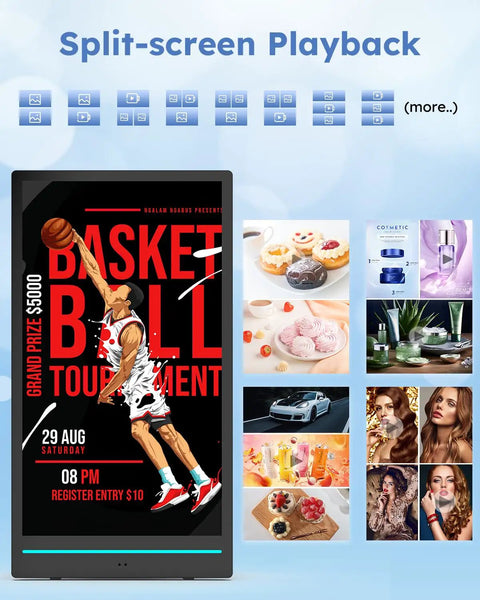 Take Your Business On The Road With This 55 Inch Outdoor Mobile Digital Signage Display IP65 Waterproof Advertising Kiosk Boasting Slick Wireless Streaming And Tough As Nails Screens showcasing split-screen playback of various content.