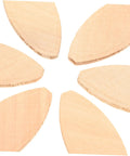 Close-up view of six light yellow hardwood discs from the 100 Piece Hardwood Biscuit Joiner Set for Woodworkers Tongue and Groove Board Carving.