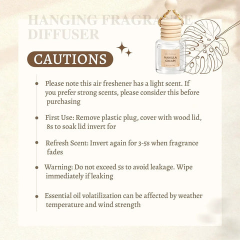 Hanging fragrance diffuser instructions with wood cap, detailing first use and refresh scent steps for Fresh Ride Vibes Long Lasting Car Air Freshener Hanging Essential Oil Diffuser 6 Pack Wood Cap Scent Strips Keep Your Whip Smelling Crisp Indoors Or Around Town.