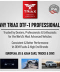 Triax DTF-1 Professional lubricant benefits for European, US, Asian cars, trucks, SUVs; trusted by dealers; USA made badge