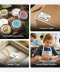 Slick Durable Portable Label Maker Machine With Wireless Bluetooth Pc App For No Sweat Home Organization And School Storage Includes Self Adhesive Tape Rolls In Green White with labels for jars, packages, jewelry, and children's art.