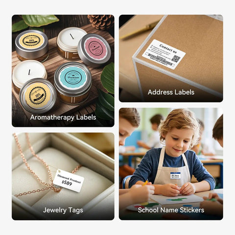 Slick Durable Portable Label Maker Machine With Wireless Bluetooth Pc App For No Sweat Home Organization And School Storage Includes Self Adhesive Tape Rolls In Green White with labels for jars, packages, jewelry, and children's art.
