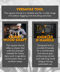 Infographic highlighting Heavy Duty Square Shovel With 27 And A Half Inch Steel Blade And Wood Handle 45 HRC Hardness features