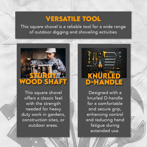 Infographic highlighting Heavy Duty Square Shovel With 27 And A Half Inch Steel Blade And Wood Handle 45 HRC Hardness features