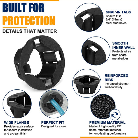100 Pack Half Inch Snap In Bushing Grommet Set, black nylon with reinforced ribs and smooth inner wall for cable protection.