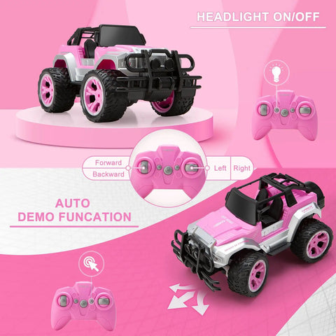 Pink Remote Control Car For Girls 1:16 Scale With Doll And Sticker Pack, featuring headlights and controls, set against pink backdrop.