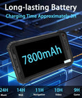 Tough As Nails Eight Inch Windows 10 Industrial Tablet With Mil Spec Rugged Build And IP65 Waterproof Rating showing battery specs on screen.