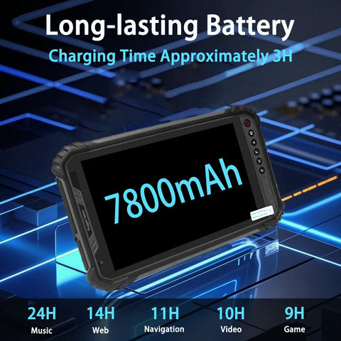 Tough As Nails Eight Inch Windows 10 Industrial Tablet With Mil Spec Rugged Build And IP65 Waterproof Rating showing battery specs on screen.
