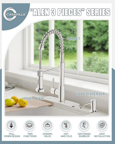 Stainless Steel Kitchen Faucet Set With Pull Down Sprayer And Soap Dispenser installed on kitchen counter near window.