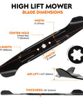High Lift 46 Inch Mower Blades 2 Pack For Cub Cadet ZT1 46 Xt1 Lt Xt2 Lx 46 EFI FAB LTX Series Zero Turn Mowers Replacement Blades With Premium Quality Steel For Cuts Like A Boss On Grass; blade dimensions and specifications shown