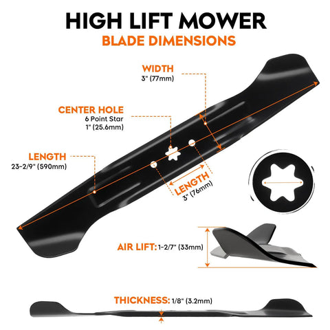 High Lift 46 Inch Mower Blades 2 Pack For Cub Cadet ZT1 46 Xt1 Lt Xt2 Lx 46 EFI FAB LTX Series Zero Turn Mowers Replacement Blades With Premium Quality Steel For Cuts Like A Boss On Grass; blade dimensions and specifications shown