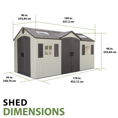 15 By 8 Ft Dual Entry Outdoor Storage Shed With HDPE Dual Wall Construction Steel Reinforced Frame UV Protected in Desert Sand