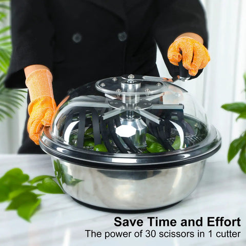 Leaf Bowl Bud Trimmer With Switchable Stainless Steel Blades And Clear Visibility Dome in use, showcasing hand twist spin cutter.