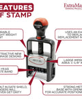 Heavy Duty Self Inking Date Stamp With Sick Brush Stroke Design And Bold Red Ink For Serious Daily Office Hustle That Built Different And Made To Last The Long Haul features highlighted with clear details and dimensions.