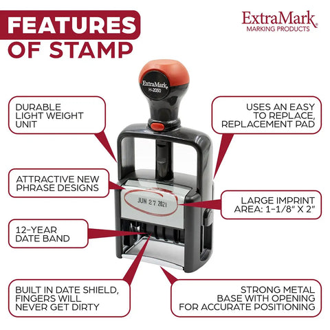 Heavy Duty Self Inking Date Stamp With Sick Brush Stroke Design And Bold Red Ink For Serious Daily Office Hustle That Built Different And Made To Last The Long Haul features highlighted with clear details and dimensions.