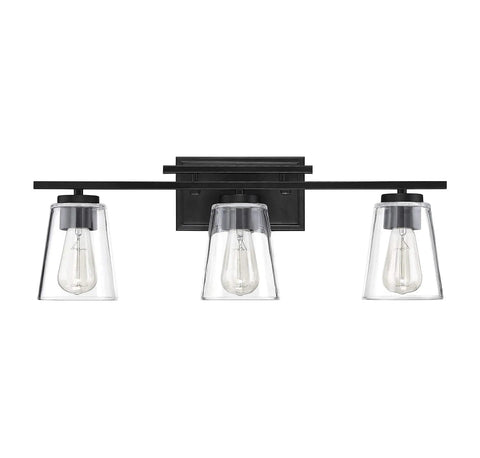 Calhoun Modern Bohemian Clear Glass Vanity Wall Light Three Light Fixture with Dimmable E26 Bulbs, Black Backplate
