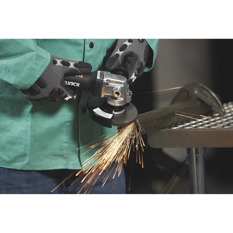 Using No Nonsense 4 1/2 Inch Air Angle Grinder Cranking 12000 RPM on metal, producing sparks during grinding.