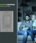 No Sweat Paddle Led Dimmer Switch For Single Pole Or Three Way Setup Bright White Faceplate No Neutral Wire Required Easy Standard House Wiring Boost Dimmable To 150W on a wall with a couple enjoying ambient light.