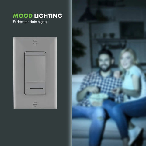No Sweat Paddle Led Dimmer Switch For Single Pole Or Three Way Setup Bright White Faceplate No Neutral Wire Required Easy Standard House Wiring Boost Dimmable To 150W on a wall with a couple enjoying ambient light.