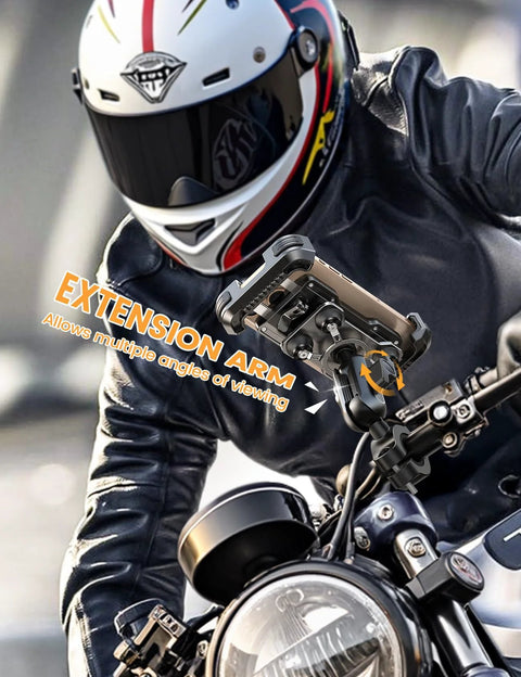 Motorcycle Phone Mount With Metal Extension Arm And Dual Vibration Dampeners For 4.7 To 6.7 Inch Phones on handlebar