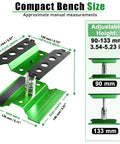 Adjustable Aluminum RC Car Repair Stand With 360 Degree Rotation showing compact bench size and height measurements.