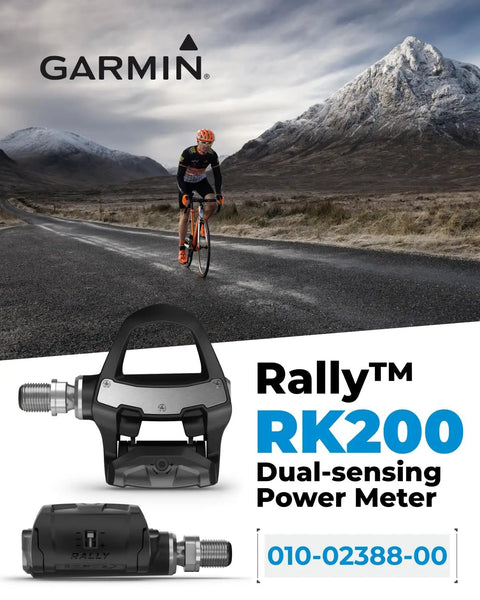Cyclist on road with RK200 Dual Sensing Power Meter Pedals and Garmin branding, mountain background