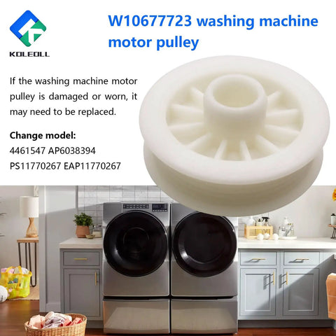 Heavy Duty W10677723 Washing Machine Motor Pulley, white plastic part for replacing worn components in washers.
