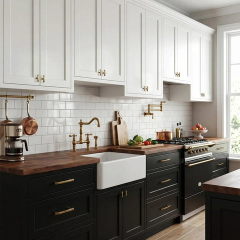 20 Pack Vintage Antique Brass Cabinet Pulls And Drawer Handles Plus Rock Solid Zinc Alloy Furniture Hardware With Spot On 3 Inch Hole Centers For No Fuss Room Refreshes used on stylish black cabinets in modern kitchen.