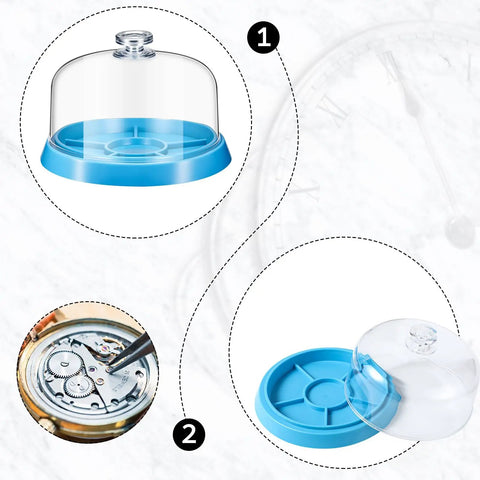 Two Pack Watch Movement Dust Covers With Five Slot Tray Storage Box For Organizing Small Parts Screws Fittings And Components