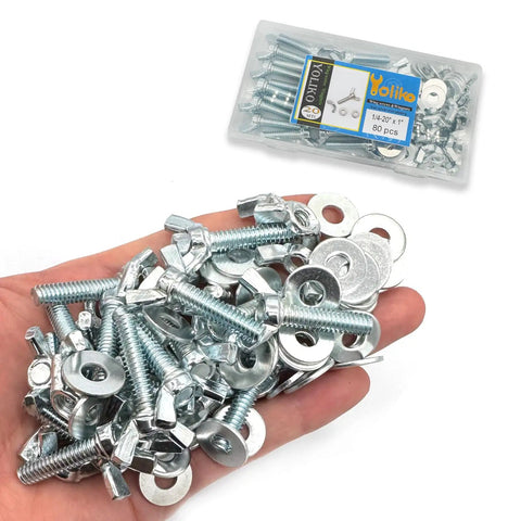 Hand holding assorted wing bolts and nuts kit with washers for quick setup, including zinc coated butterfly screws and nut fasteners.