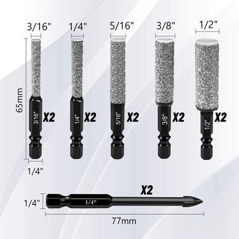 12 Piece Diamond Drill Bit Set With 35mm Extended Diamond Brazed Grinding Surface For Glass Ceramic Porcelain Marble Granite